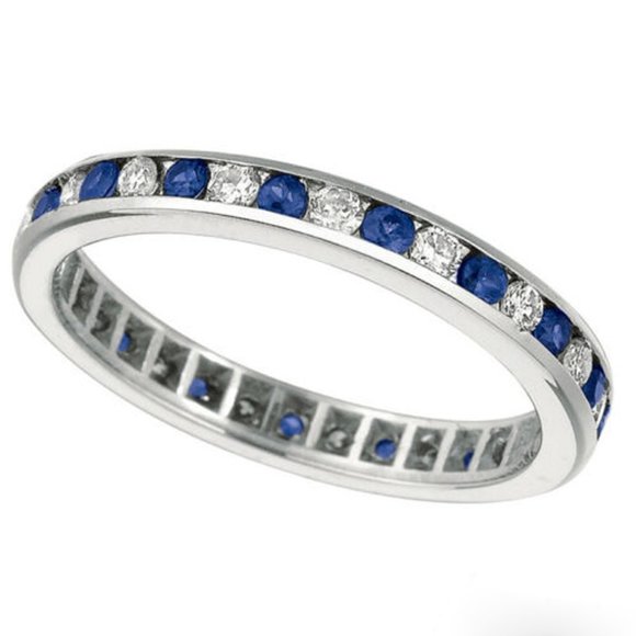 1.04 Carat Natural Diamond & Sapphire Eternity Channel Ring Band 14K White Gold